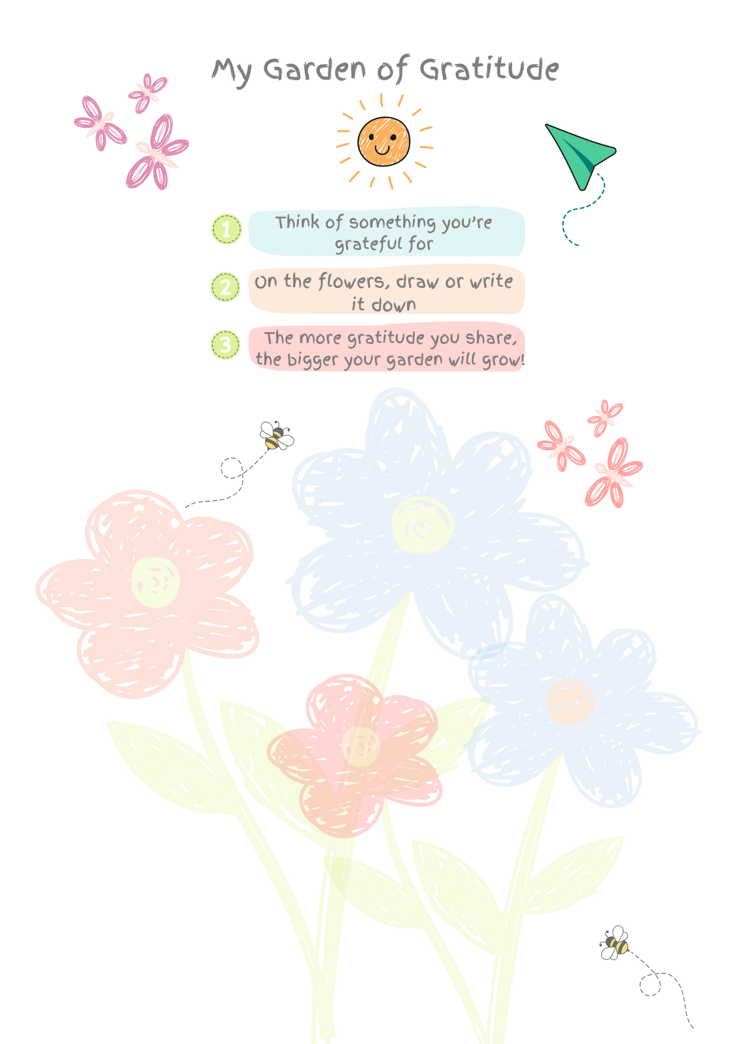 Mind Plan Journal Kids activity page titled 'My Garden of Gratitude' with flowers for writing or drawing what you're grateful for