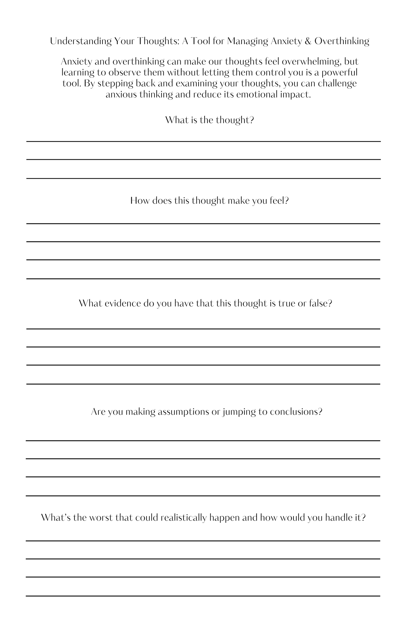 CBT-inspired journal page with guided questions to challenge anxious thoughts and respond with mindful awareness