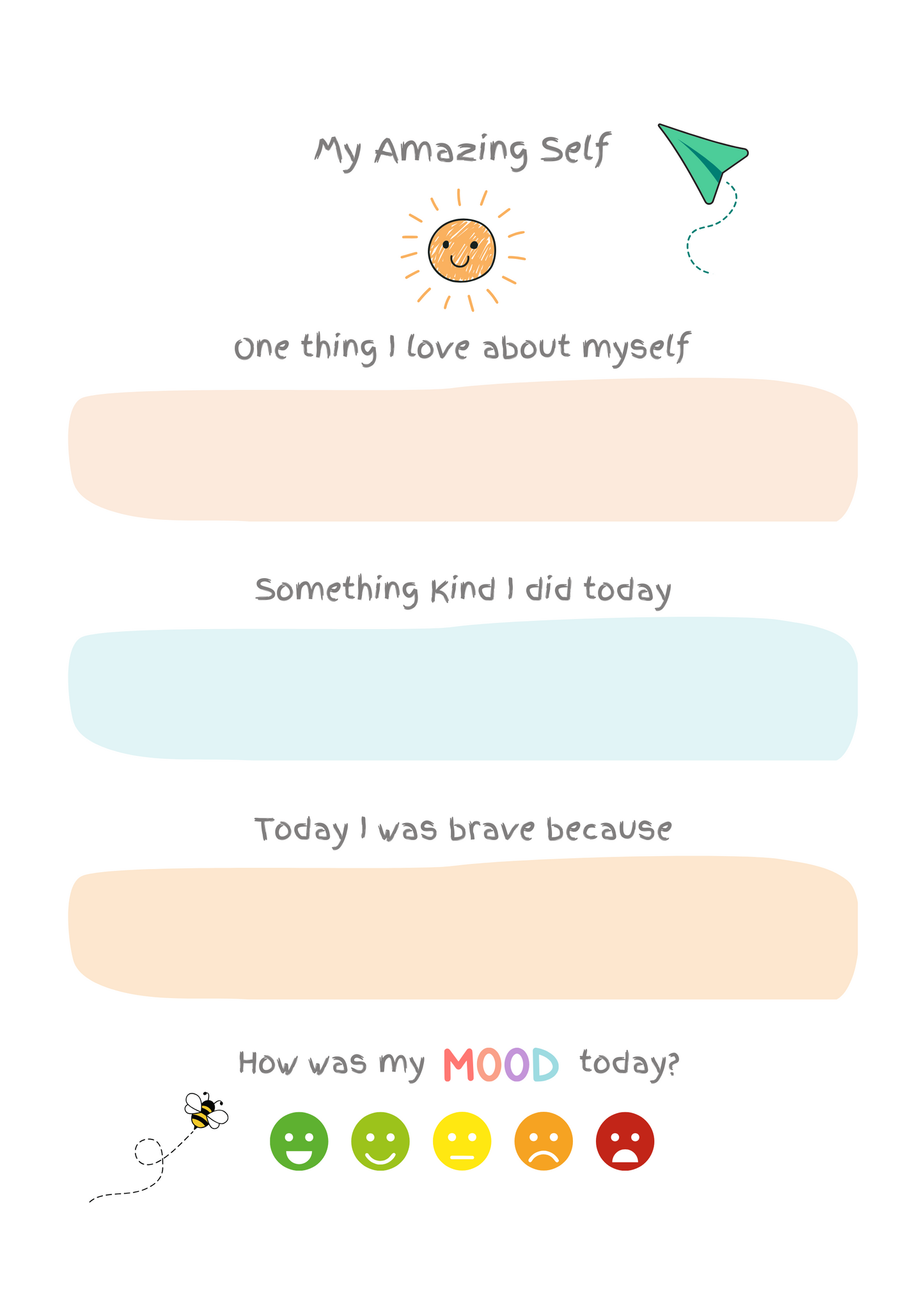 Children’s self-esteem page with prompts about kindness, bravery, and things they love about themselves