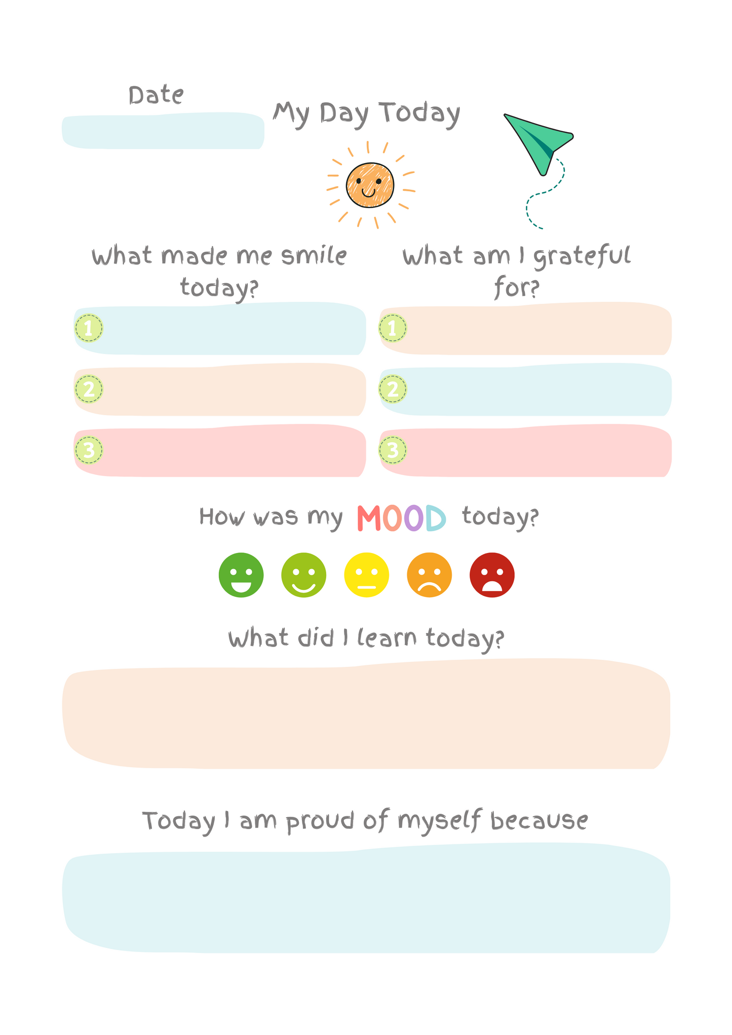 Daily check-in page for kids to reflect on smiles, gratitude, mood, and learning – from The Mind Plan Journal Little Minds