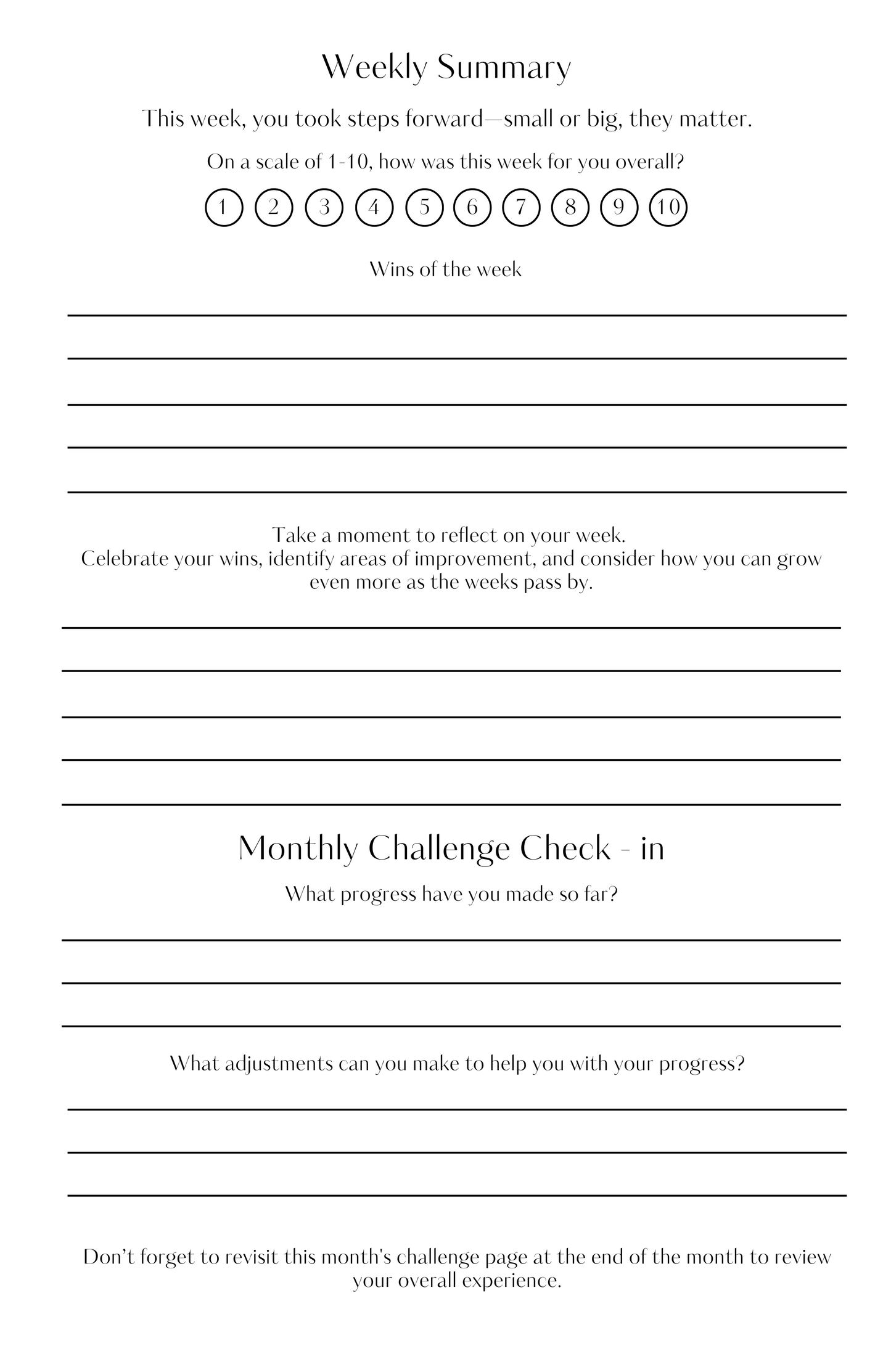 A structured journal page with prompts to review the week, track progress, and set mindful intentions