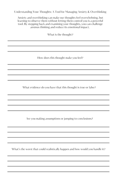 CBT-inspired journal page with guided questions to challenge anxious thoughts and respond with mindful awareness