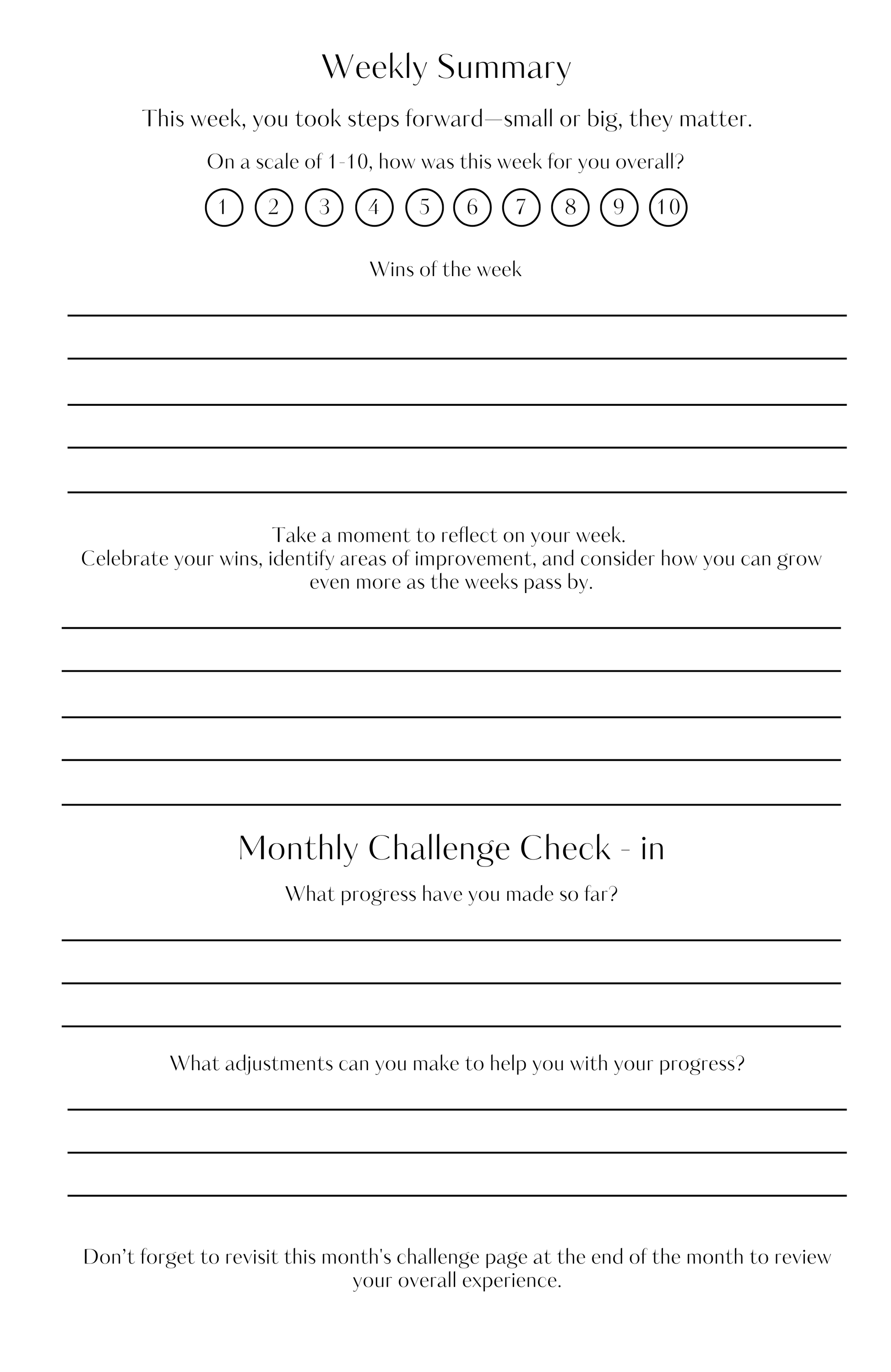 A structured journal page with prompts to review the week, track progress, and set mindful intentions
